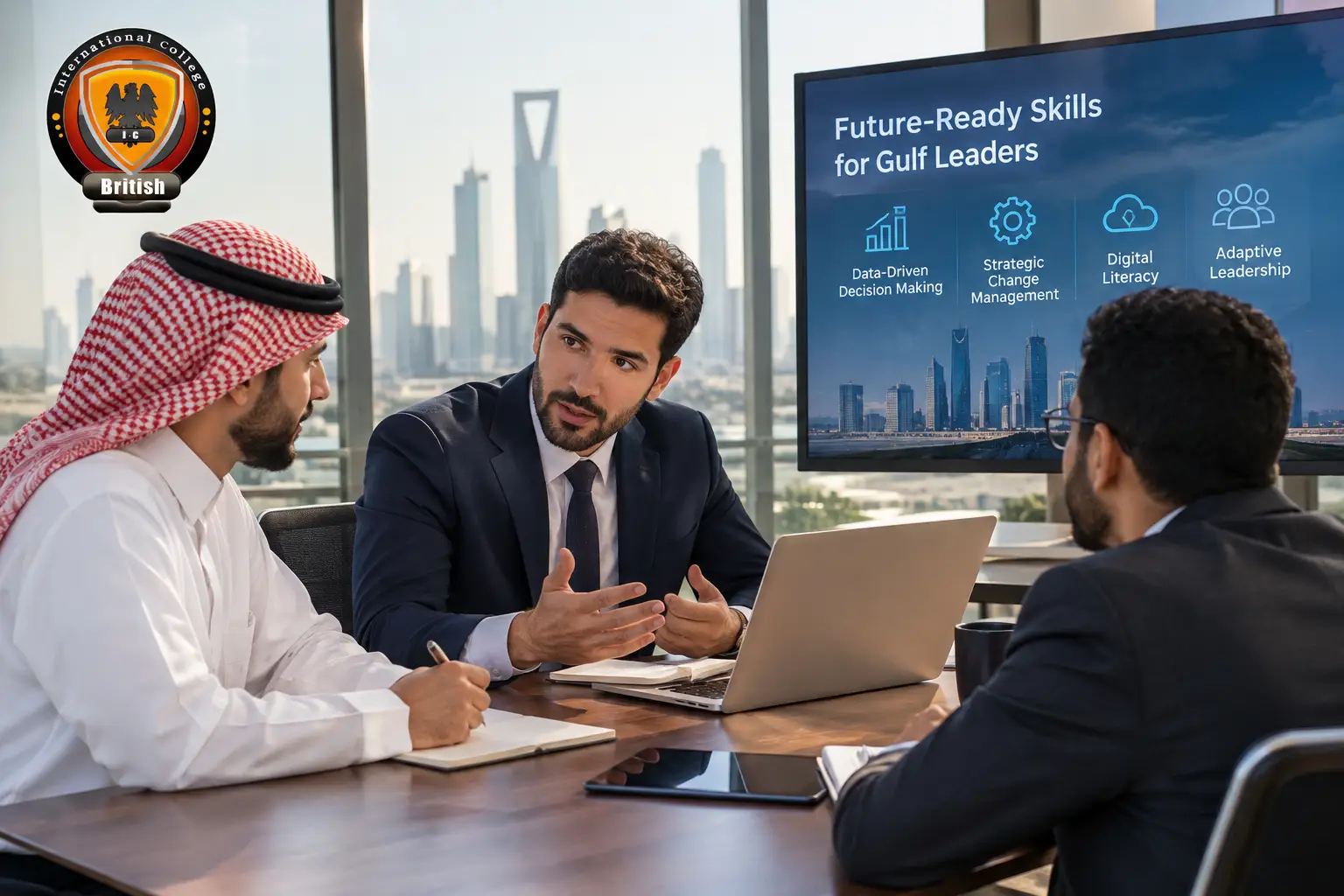 Corporate professionals reviewing workforce data and discussing the management skills gap Gulf 2027.